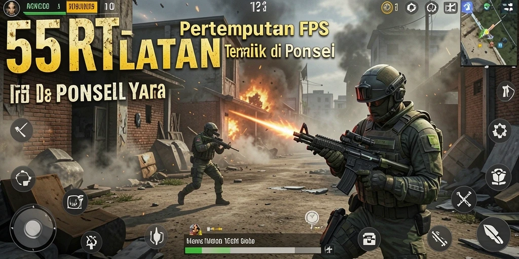 Tampilan gameplay seru dalam 55RT dengan tembak-menembak intens.