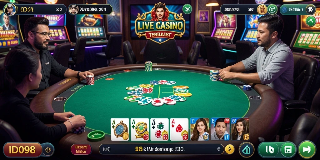 Screenshot ID098 menampilkan dealer cantik dalam suasana kasino langsung.