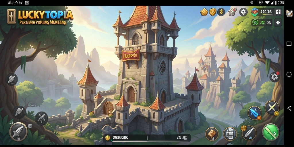 Tampilan gameplay menara pertahanan yang intens dan strategis di LUCKYTOPIA.