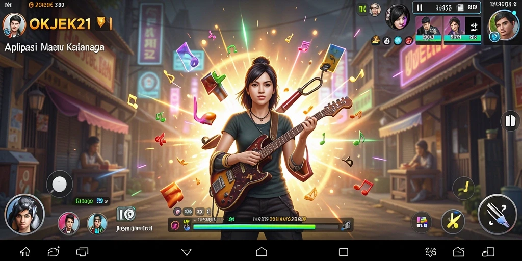 Tampilan gameplay OKJEK21 dengan fitur musik menarik.