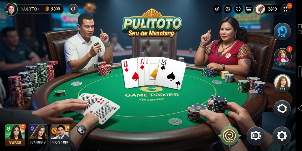 Screenshot gameplay PULITOTO menampilkan suasana meja poker yang mendebarkan.