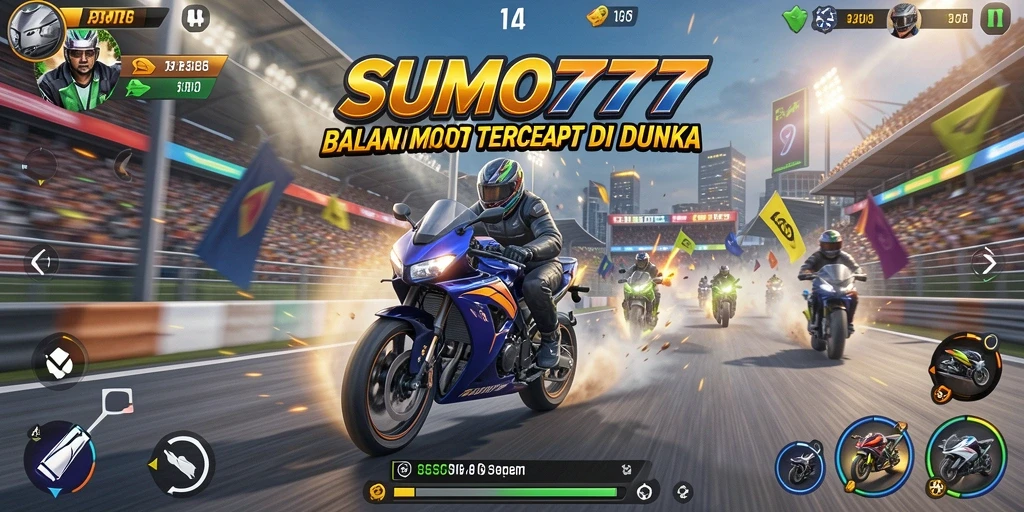 Tampilan gameplay SUMO777 menampilkan balapan motor yang cepat dan mendebarkan.