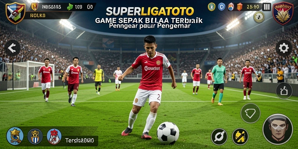 Tampilan gameplay SUPERLIGATOTO dengan aksi sepak bola yang mendebarkan.